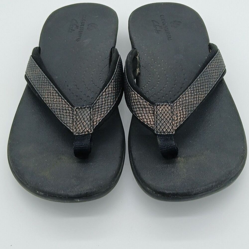 Clarks Womens Brio Sol Comfort Flip Flops Black W/Black Snake Print Straps SZ-8M